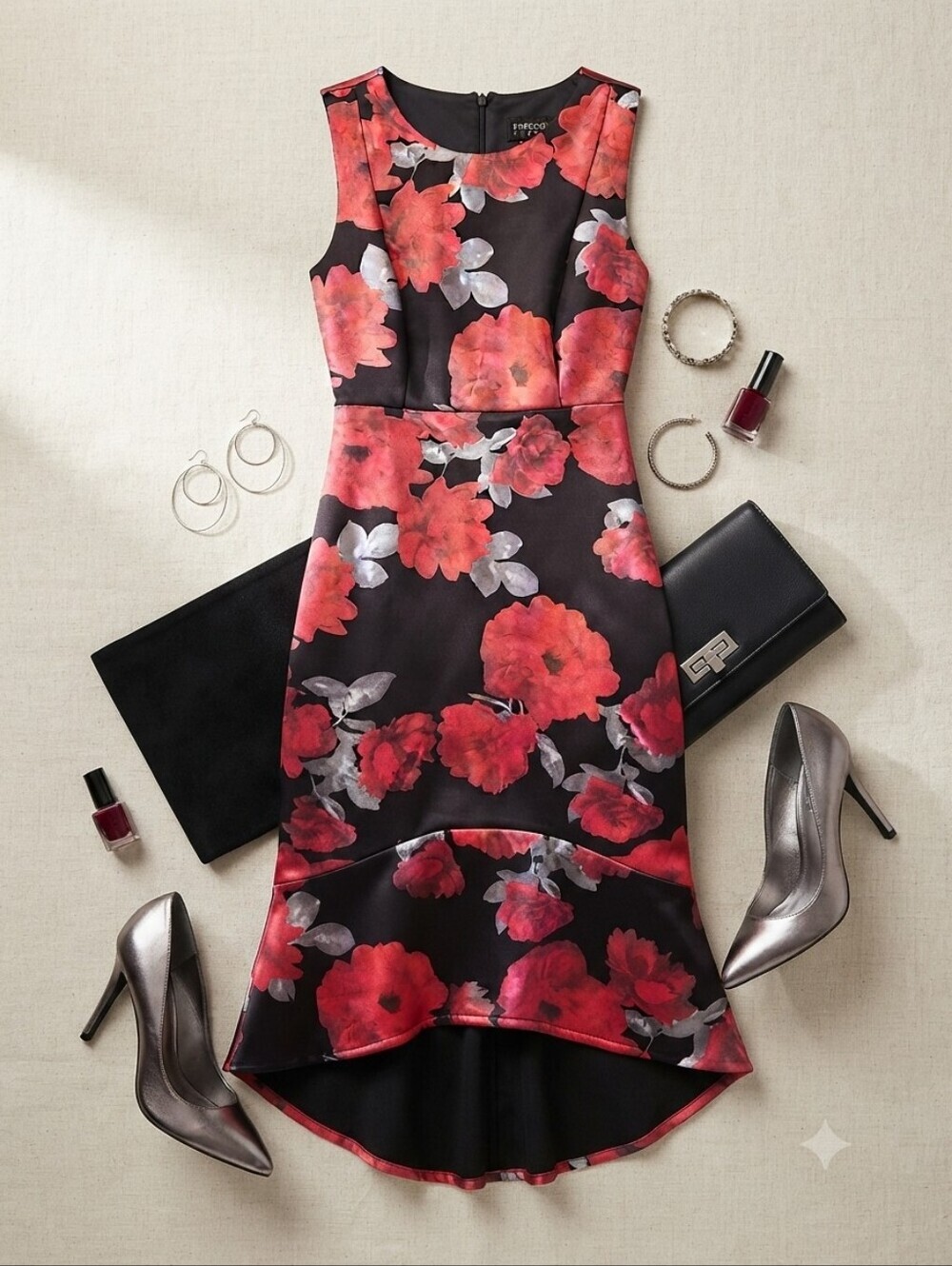 Enfocus Studios Black Silver Red Rose Print Fitted High Low Midi Dress